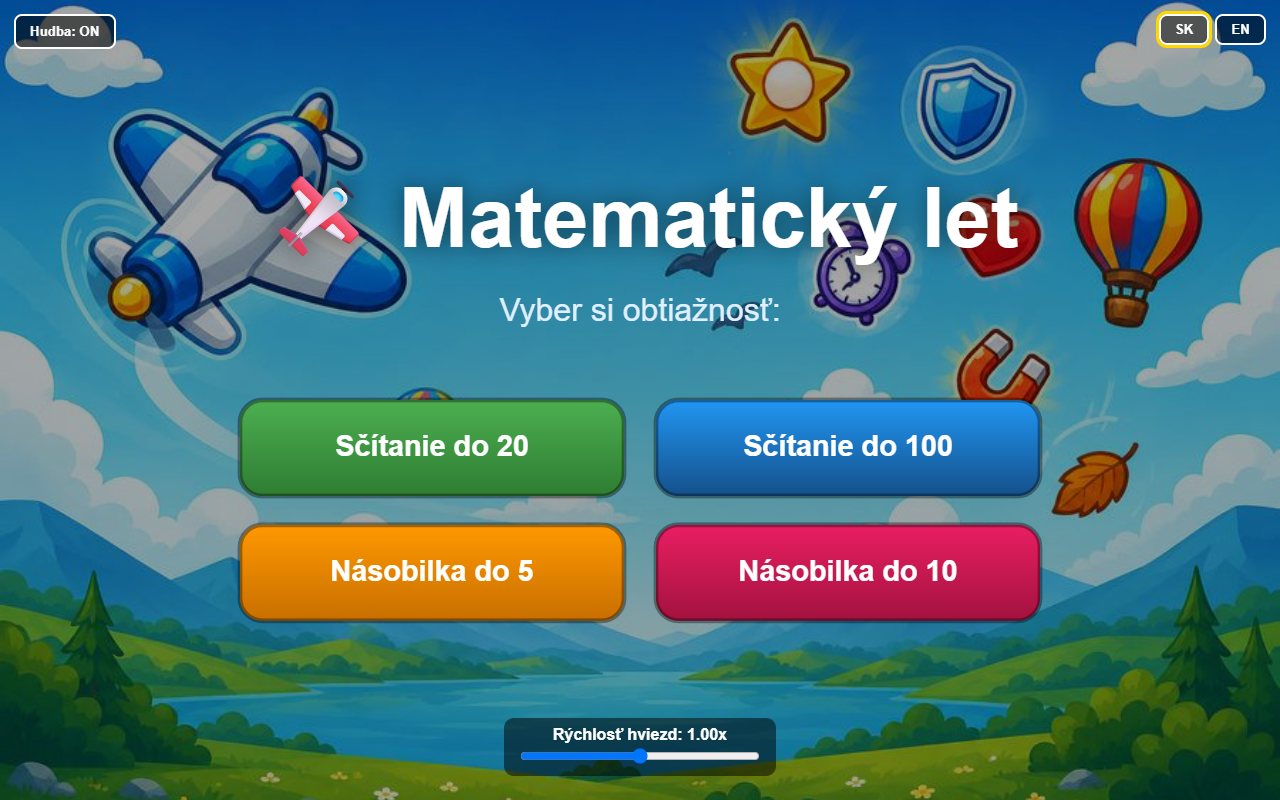 Ukážka aplikácie Matematický let – arkáda s príkladmi