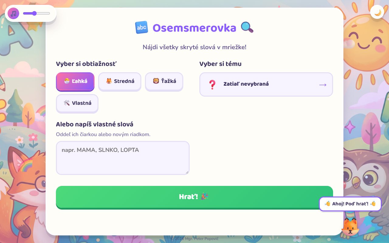 Ukážka aplikácie Osemsmerovka pre deti – 1. stupeň