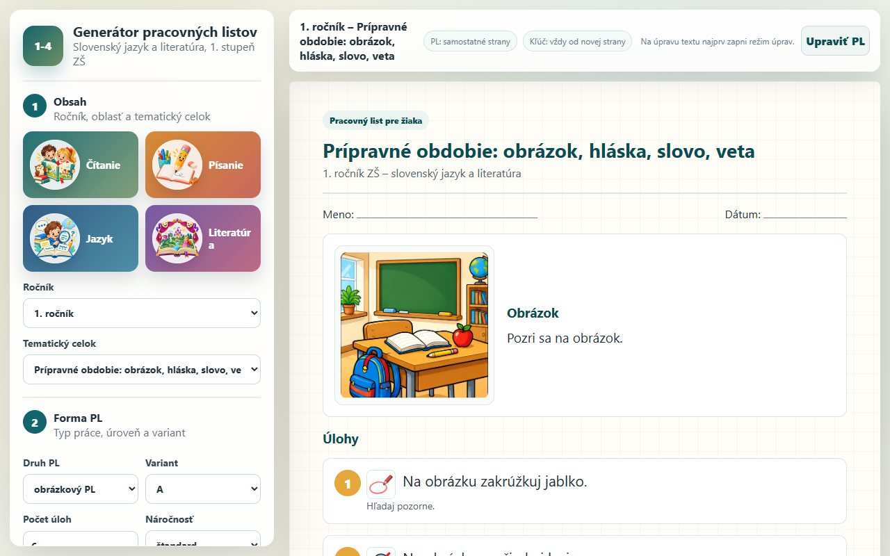 Ukážka aplikácie Generátor pracovných listov – SJL pre 1. – 4. ročník
