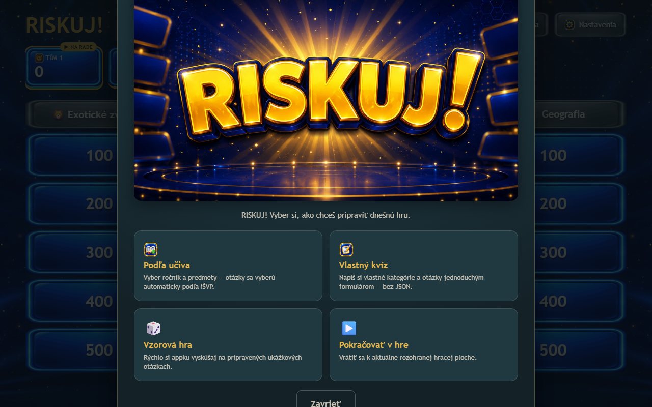 Ukážka aplikácie RISKUJ! – kvízová show pre triedu