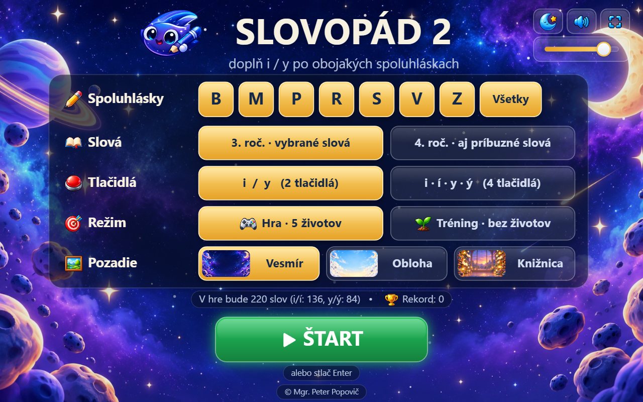 Ukážka aplikácie Slovopád 2: i/y/í/ý – vybrané slová