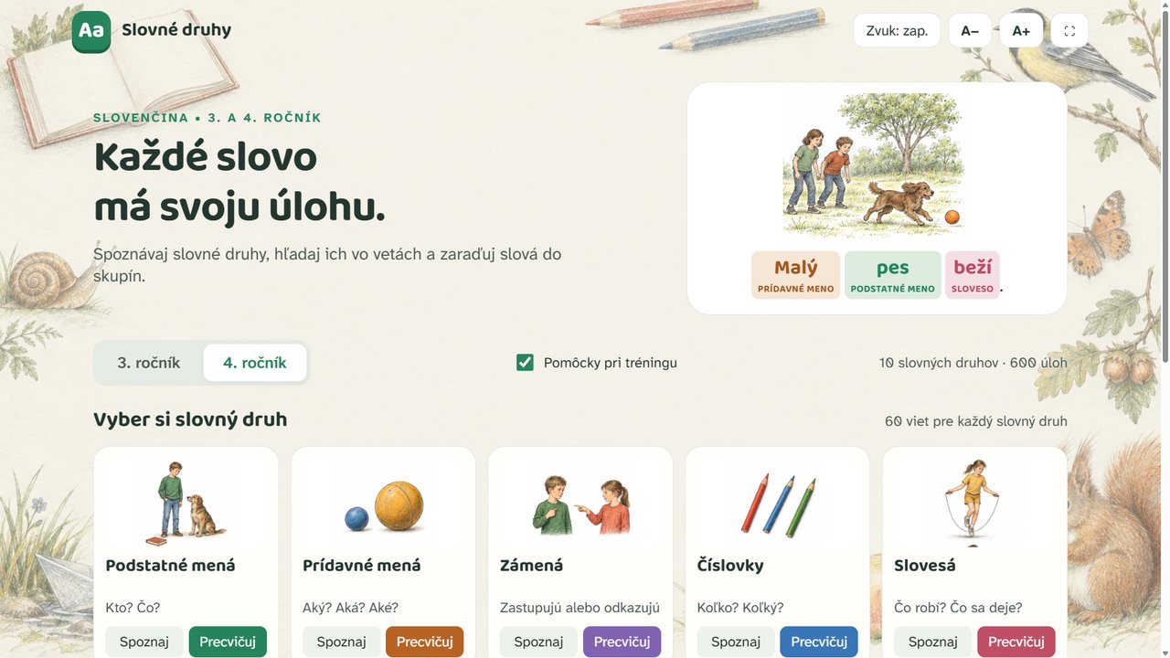 Ukážka aplikácie Slovné druhy pre 3. a 4. ročník